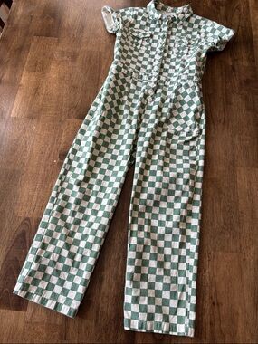 Roolee Kids Green and White Checkered Short-Sleeve Jumpsuit Romper